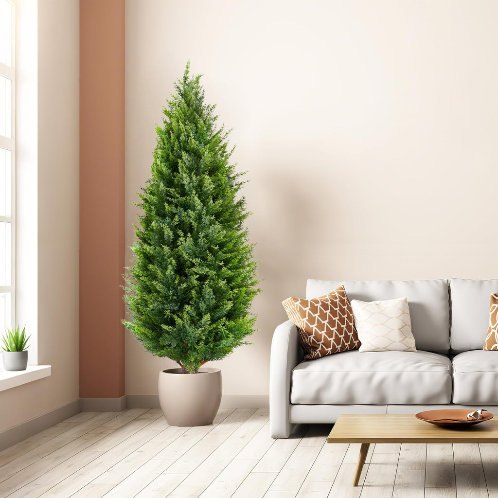 4ft Artificial Cedar Topiary Tree 2-Pack with Pots, UV Resistant Outdoor