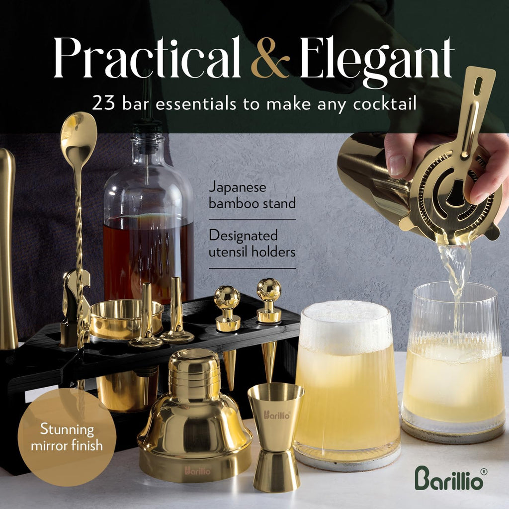 Gold Bartender Kit - Stainless-Steel Cocktail Shaker Set w/Black Bamboo Stand - Mixology Bar Tools w/Drink Shaker