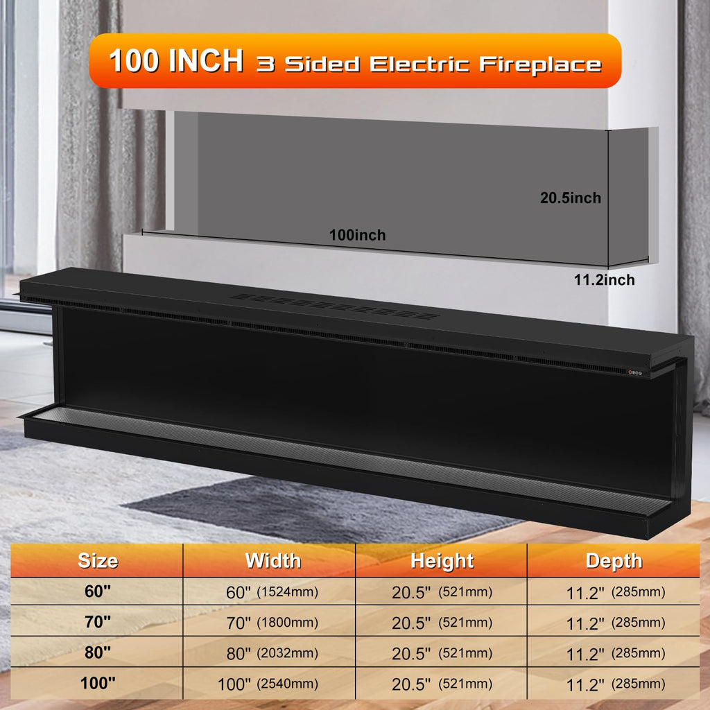 100 inch 3 Sided 3D Mirrored Electric Fireplace Inserts, Smart WiFi Built-in Linear Fire Place Heater 1500/750W with