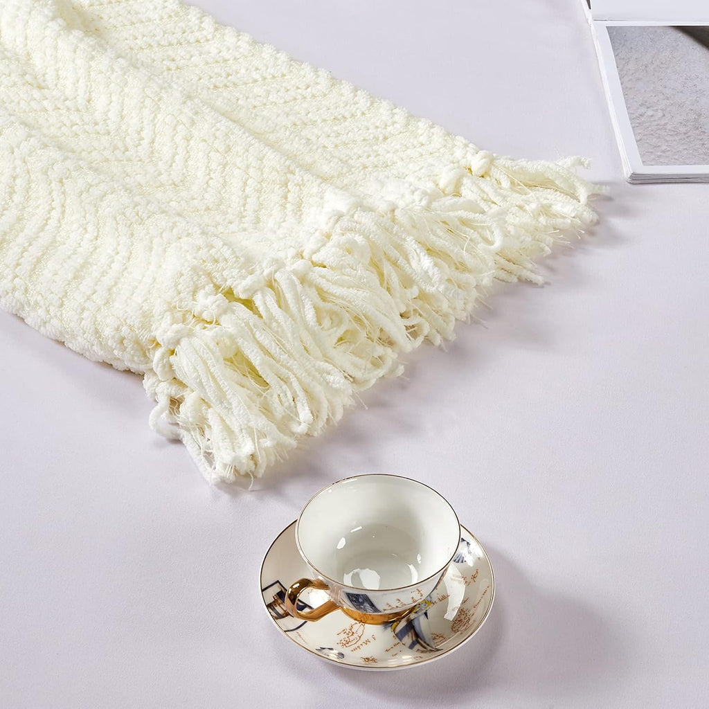 Warm Tassel Knit Blanket Throw Size, Cream Thick Knitted Armchair Office Chair Throw Blankets, Winter Chunky
