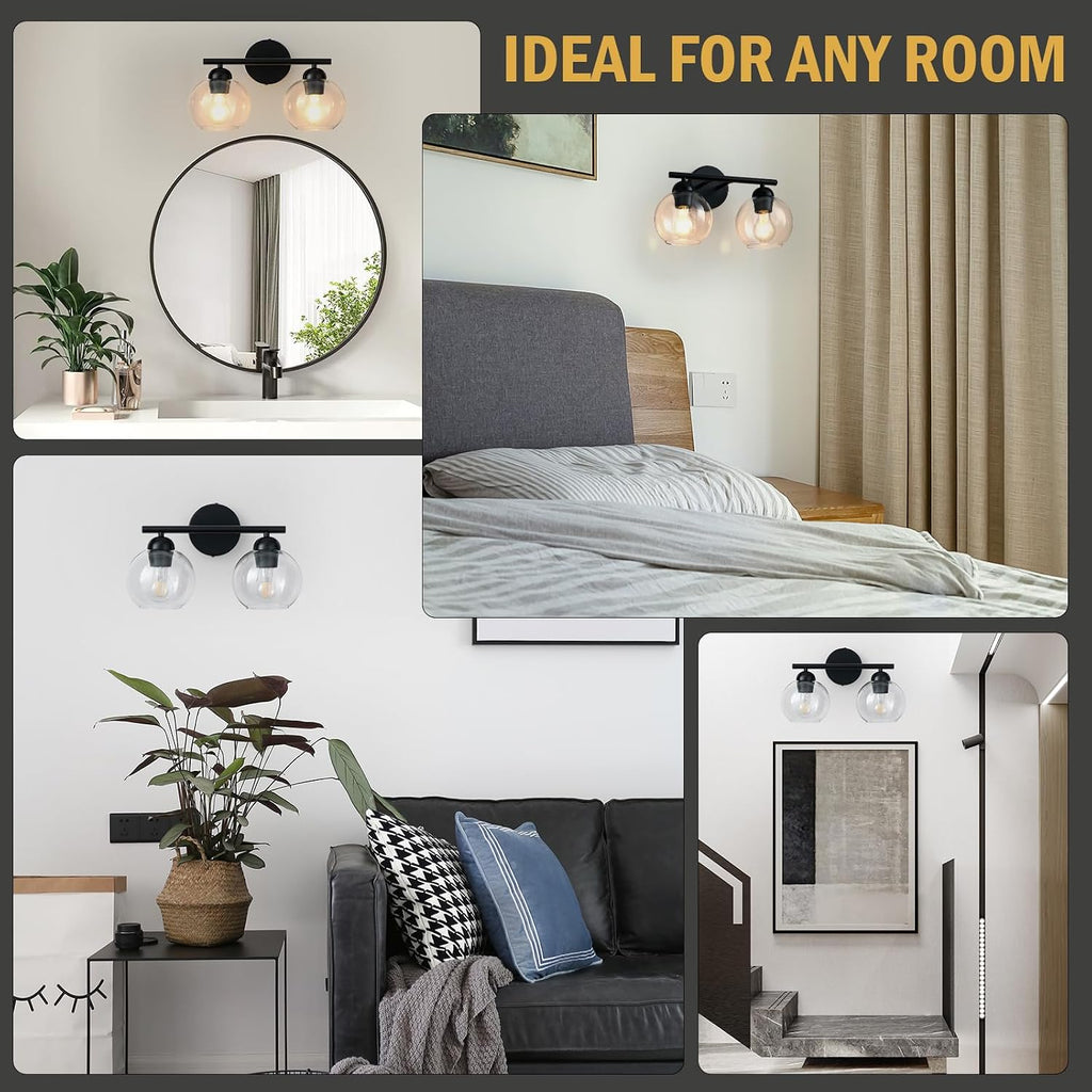 Black Bathroom Light Fixtures, 2 Light Bathroom Vanity Light with Globe Glass Shades, Modern Farmhouse Vanity Lights