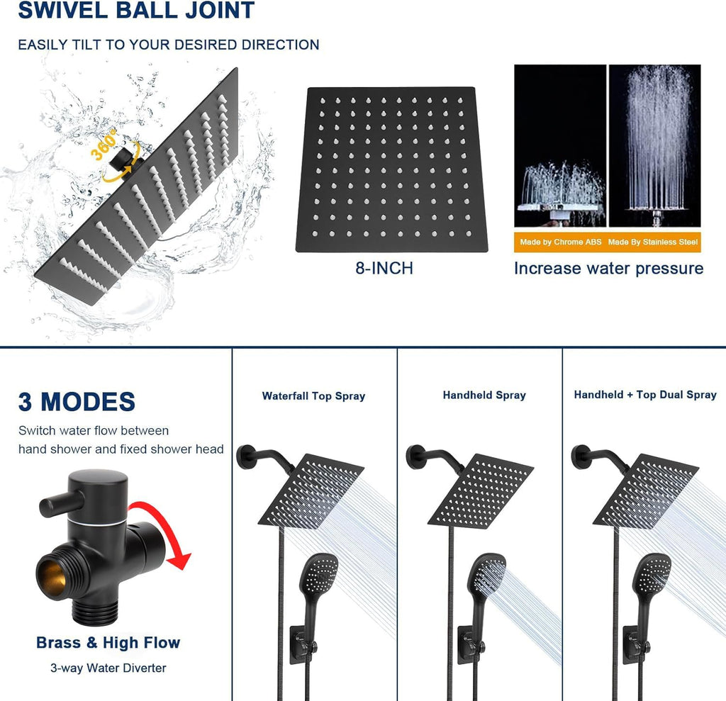 Shower Head with Hose, High Pressure Stainless Steel Rain Shower and 3 Settings Handheld Spray Combo with Push Button