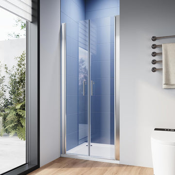 Pivot Shower Door 34" W x 75" H, 1/4" Tempered Glass Double Swing Shower Door, Frameless Pivot Swing Glass Door