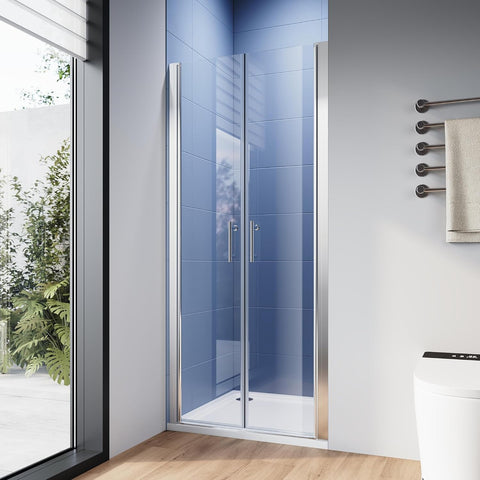 Pivot Shower Door 34" W x 75" H, 1/4" Tempered Glass Double Swing Shower Door, Frameless Pivot Swing Glass Door