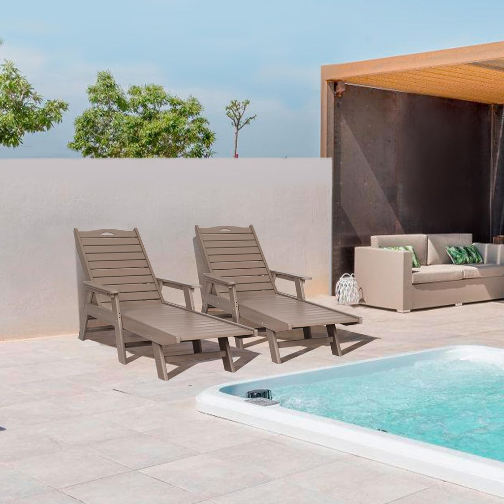 Outdoor Chaise Lounge Chair Set of 2 with Wheels & Cup Holder, HDPE Pool Lounge Chairs with 5-Position Adjustable