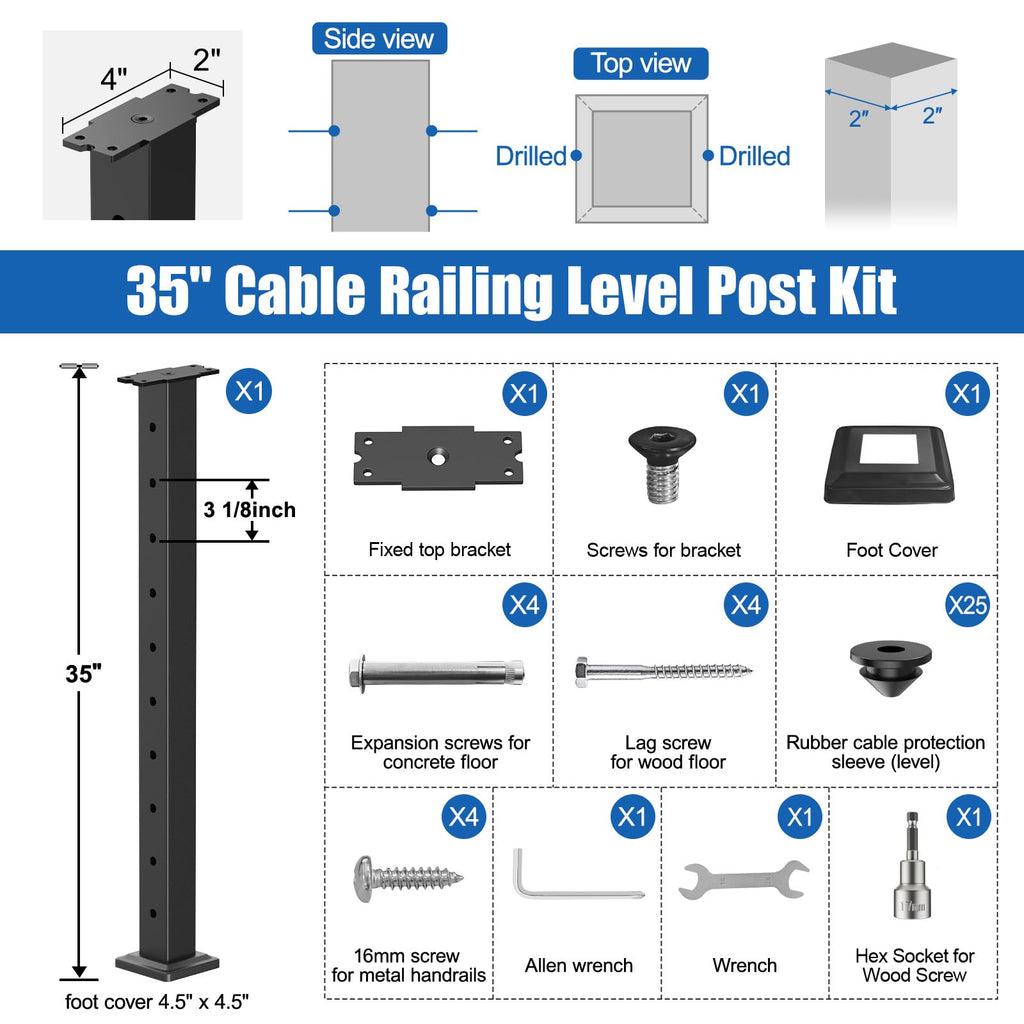 36" Level Drilled Cable Railing Post, Black Cable Railing Post (Post 35"x2"x2") for Deck Railing, Stainless Steel