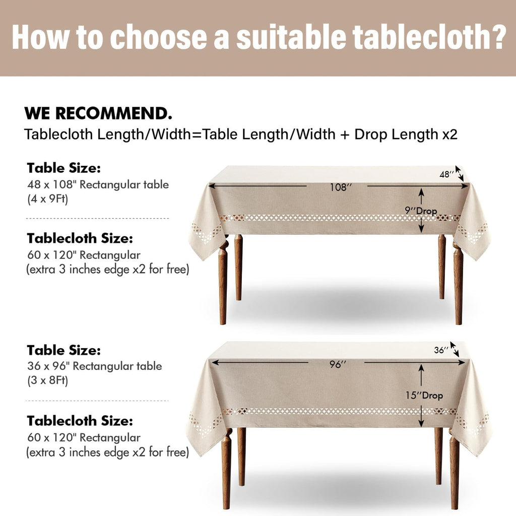 Beige Rectangle Linen Polyester Tablecloth with Decorative Cutouts Spring Waterproof Stain Resistant