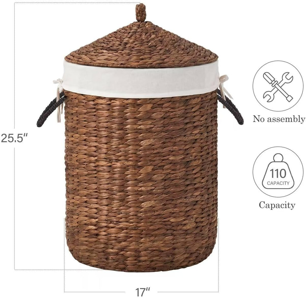 Round laundry hamper with lid, Handwoven Wicker Laundry Basket with Handles and Removable Liner for Dirty Clothes