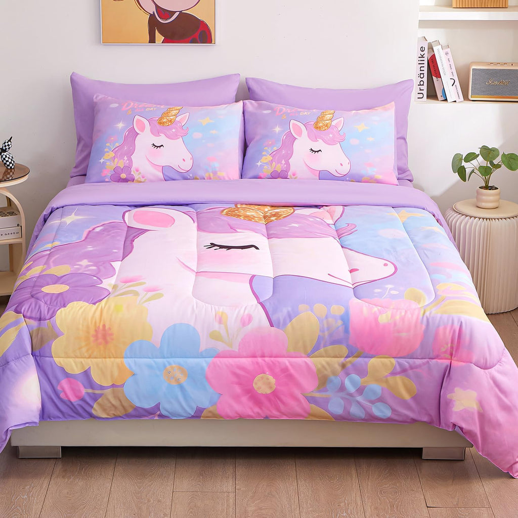 Comforter Set for Girls 5 Piece Unicorn Bedding Set for Girls Super Soft Microfiber Bed Set Bed in a Bag