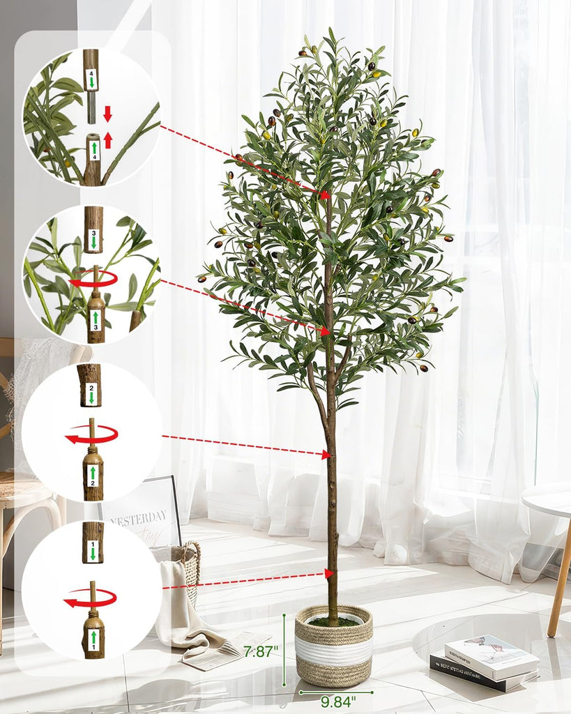 6FT Artificial Olive Tree - Indoor Tall Faux Olive Trees with Planter&Basket, Large Fake Olive Silk Tree Realistic