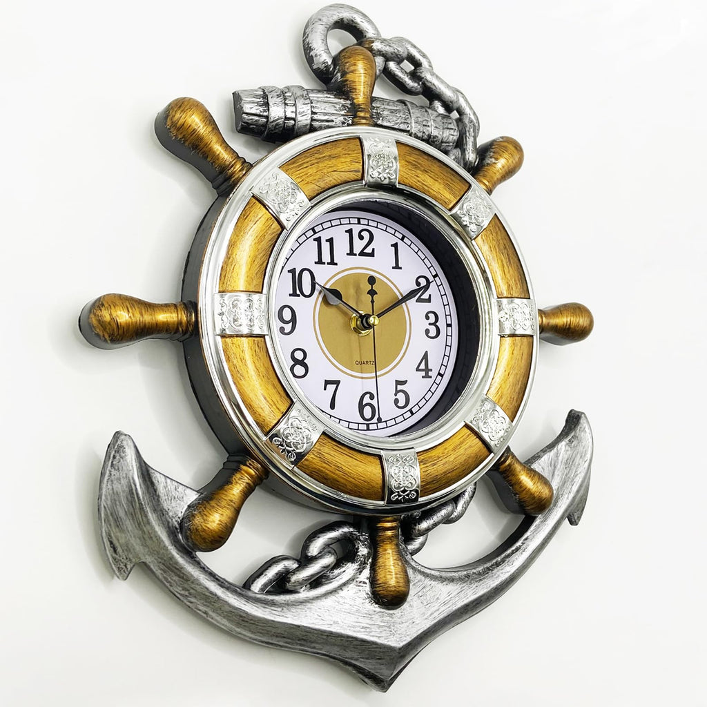 Anchor Outdoor Clock, Nautical Ship Wheel Rudder Decorative Wall Clock