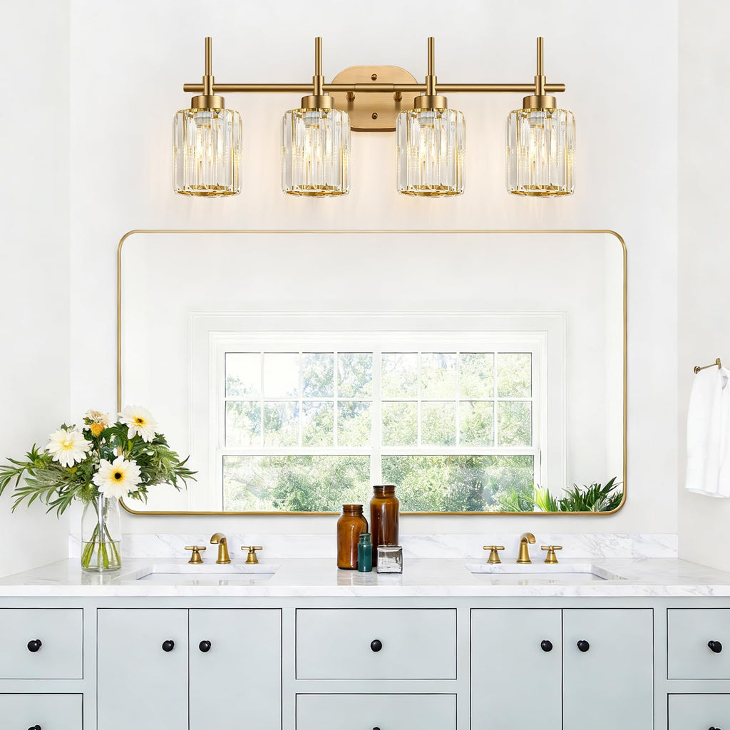 Modern Crystal Bathroom Vanity Light, 4-Light Gold Bathroom Light Fixtures Over Mirror, Crystal Vanity Light with
