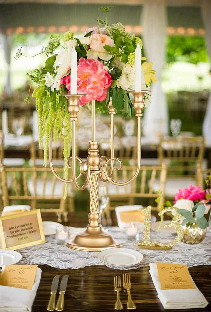 Metal Candelabra Gold Candle Stand 20in Tall, 5-Candle Candlestick Holder for Taper Candles, Candle Holder Party
