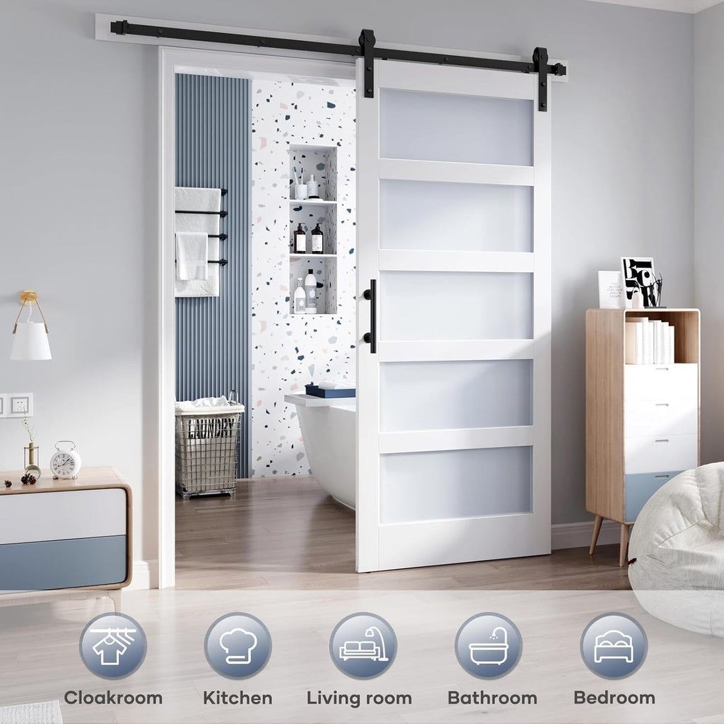 36x84 Inch Glass Sliding Barn Door Slab and 6.6ft Hardware Kit Included, 5 Frosted Glass, LVL Wood P