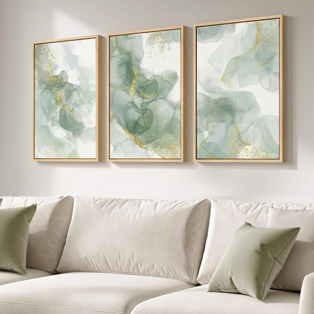 Framed Sage Green Abstract Wall Art, 3 Piece Modern Canvas Prints Paintings Artwork for Walls, Minimalist Green and
