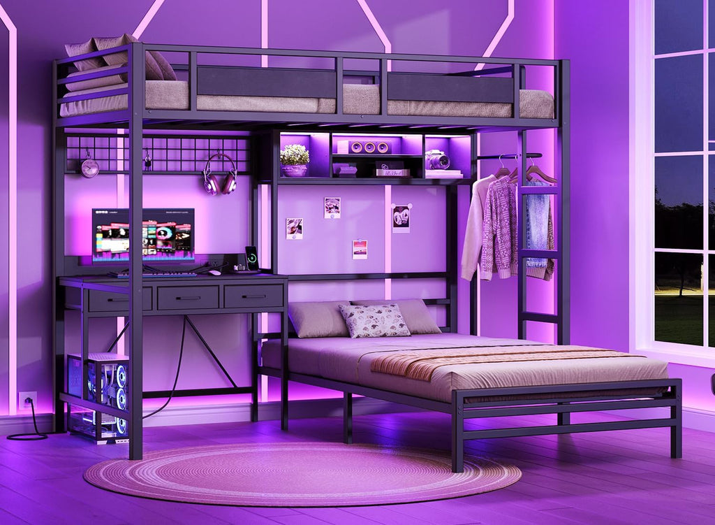 Twin Over Twin Bunk Bed with Desk with 3 Drawers & Storage Shelves, Twin Bunk Bed with Charging Station & LED Lights