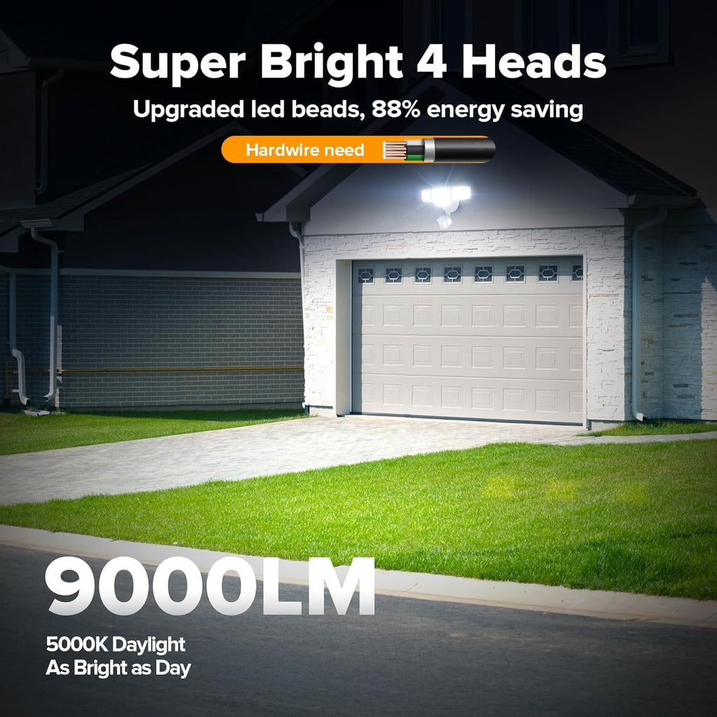 80W 9000LM LED Security Light Hardwire Motion Sensor Outdoor Lights, 4 Head LED Flood Lights Outdoor 5000K Daylight