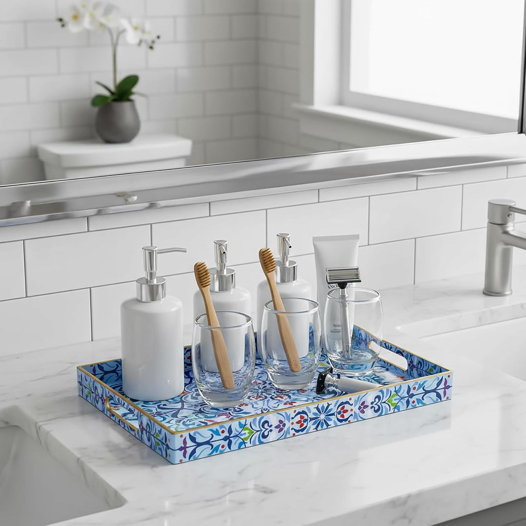 Set of 2 Boho Floral Serving Tray with Handles, 15.7" x 11.8" Decorative Plastic Ottoman Tray, Modern Large Coffee