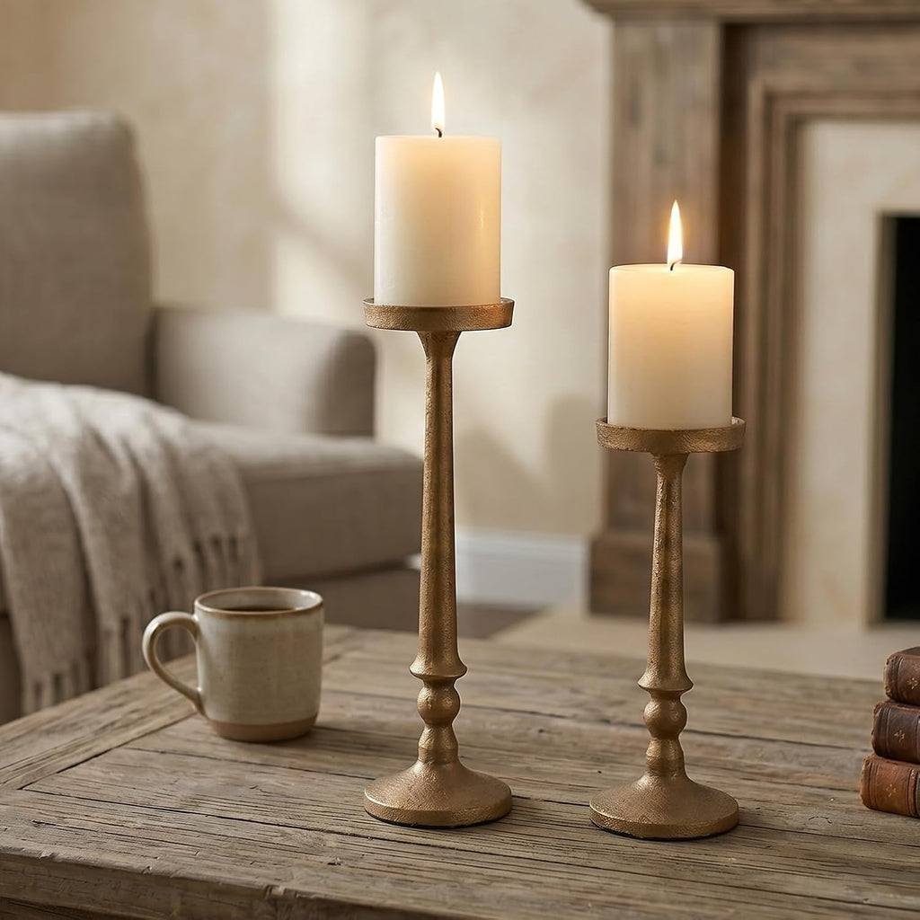 Vintage Iron Pillar Candle Holders Set of 2 12.2" & 10" Tall Candleholders - Rustic Brass Candle Stands - Dining