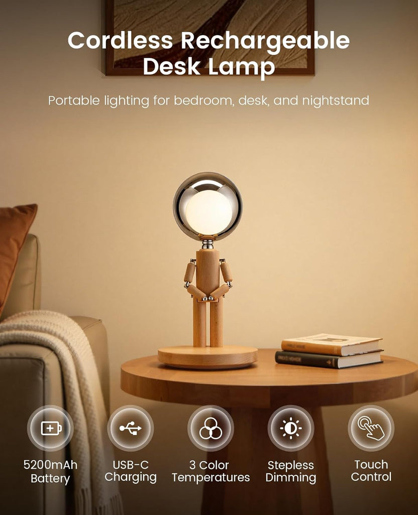 Rechargeable Cordless Desk Lamp, Creative Wooden Table Lamp with 3 Color &Stepless Dimming, Adjustable Pause Moon Lamp