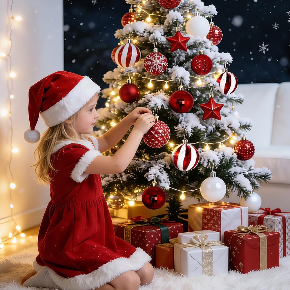Christmas Ball Ornaments Set, Shatterproof White and Red Assorted Hanging Ornaments Xmas Tree Ball - Set of 44