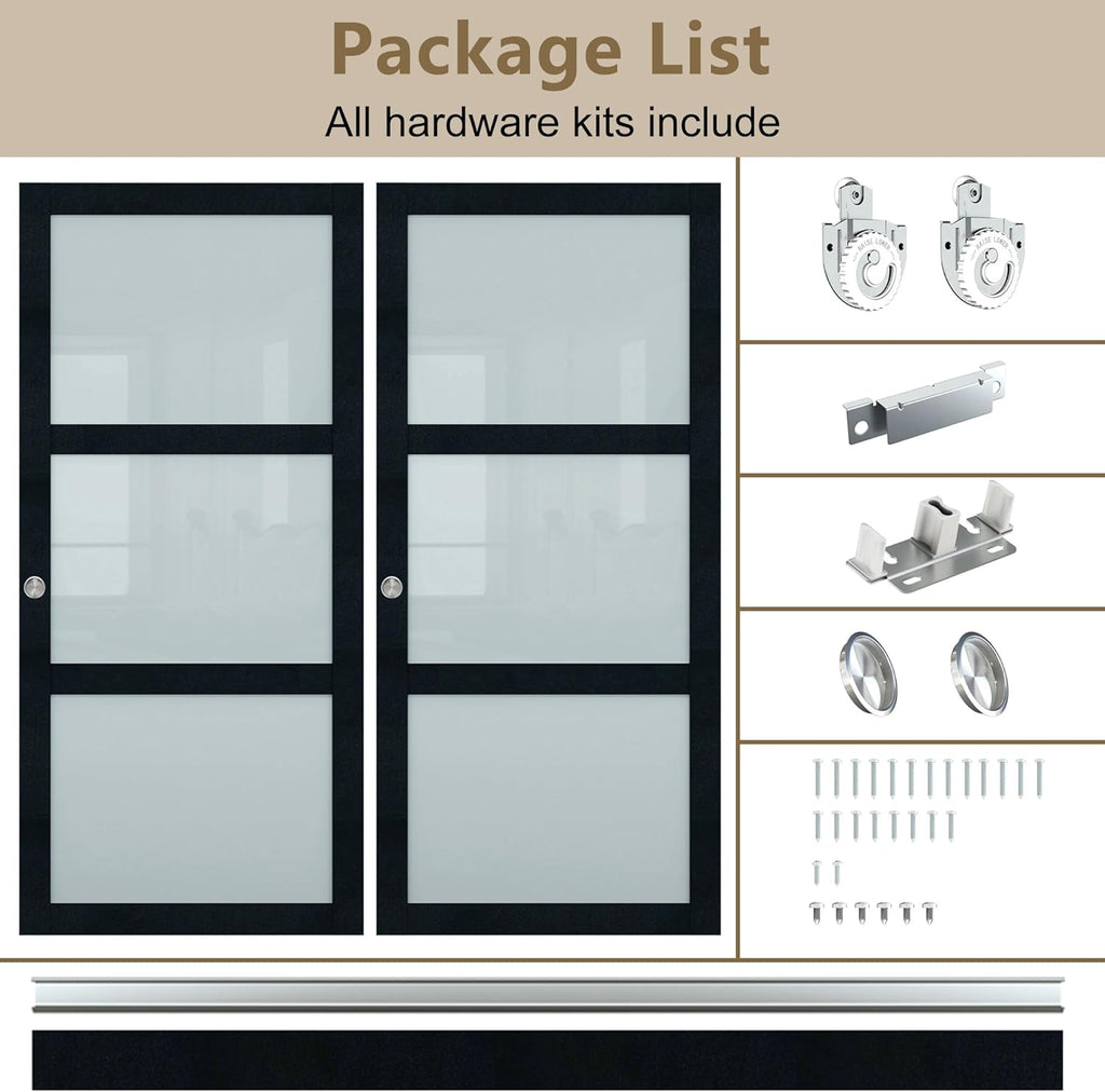 72x80 Sliding Closet Door, 3-Panels Preassembled Frosted Glass Door Panel with Hardware Kits & Match