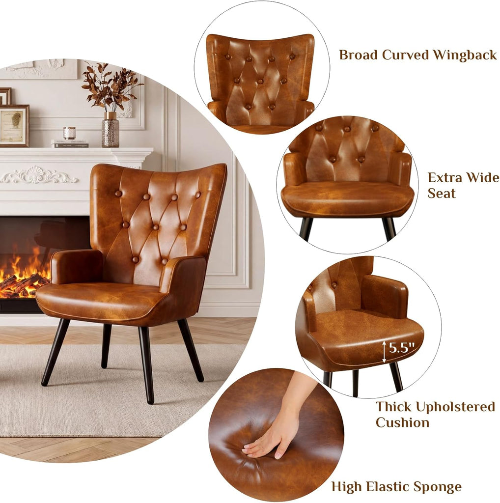 Accent Chairs Set of 2 Upholstered PU Leather Living Room Chairs | High Back Mid Century Modern Accent Armchair