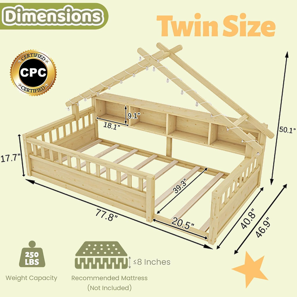 Twin Size Floor Bed with Storage Bookshelves and Light, Wooden Montessori House Bed Frame with Roof Shape, High