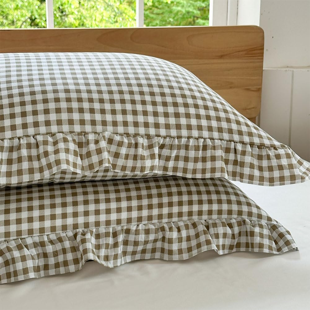 Tan Gingham Ruffle Duvet Cover, 3 Pieces Taupe Soft Pre-Washed Microfiber Checked Plaid Comforter Cover Set