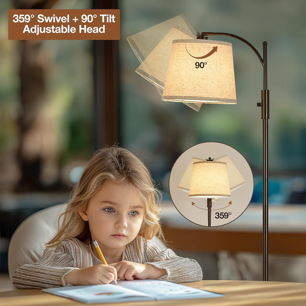 Dimmable Floor Lamp，Standing Lamp Rotary Switch with Table&Linen Beige Shade，Brown Tall Lamps with Adjust Head，9W LED