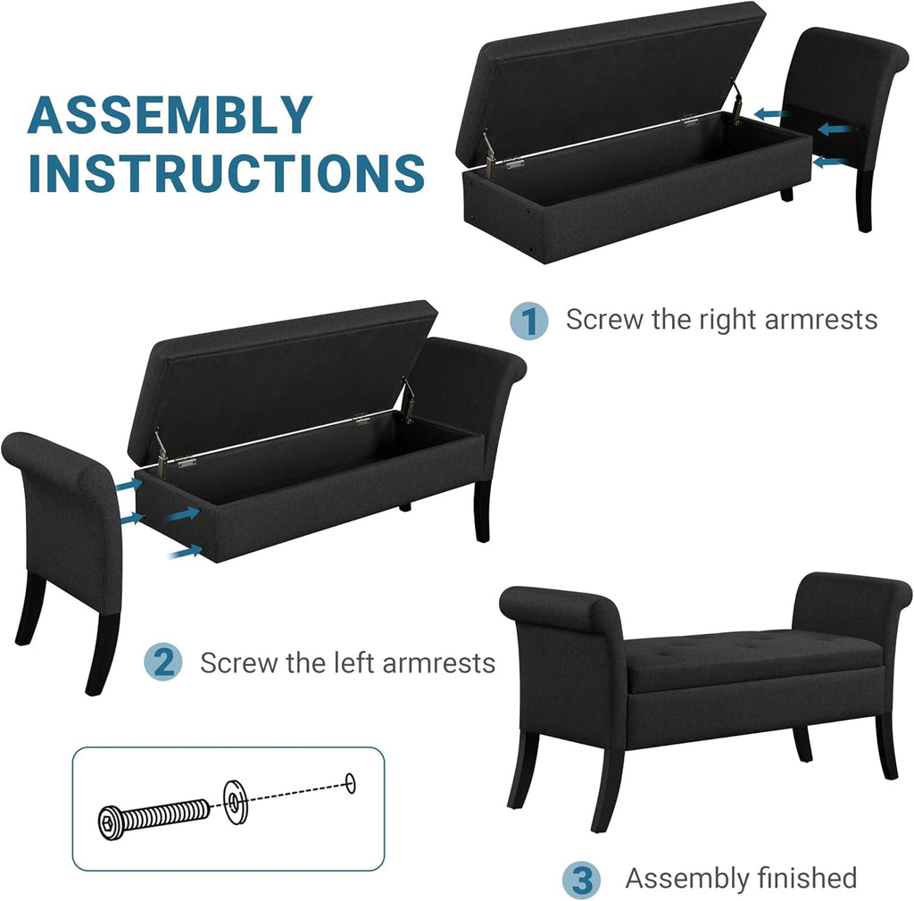 52in Black Storage Bench End of Bed with Rolled Arms | Button-Tufted Bench Seat with 1.9C Storage Space, Rolled Arms
