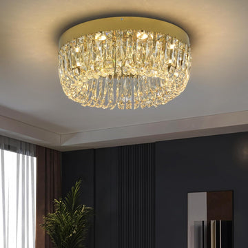 Luxury Gold Crystal Chandelier Flush Mount Ceiling Light, 19.7" Modern LED Lighting Fixture for Bedroom Kitchen