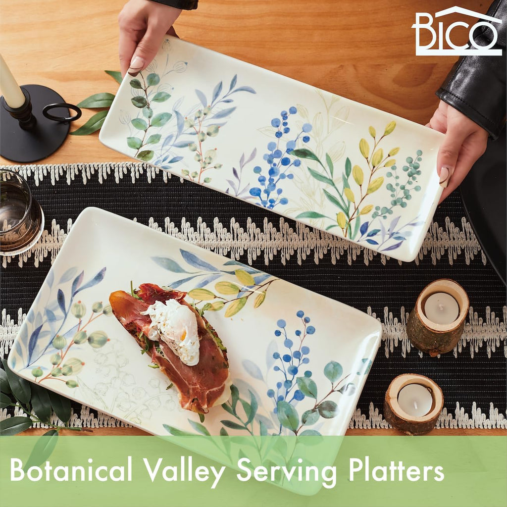 Botanical Valley Ceramic 14 inch Rectangular Serving Platter, Set of 2, for Serving Salad, Pasta, Cheese, Ham