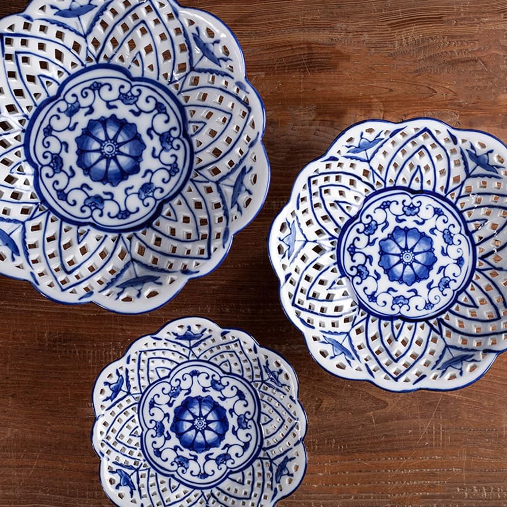 Vintage Floral Round Chinoiserie Ceramic Serving Bowl with Draining Holes, Blue And White10" Large Fruit Basket, Hand