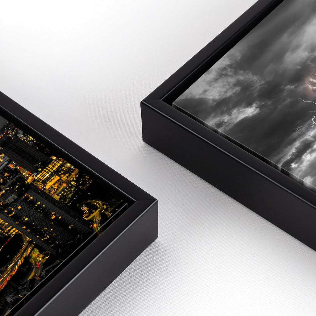 New York City Skyline Lightning Night View Canvas Prints with Black Floater Frame 20x55 Inch Wide Panoramic Wall Art