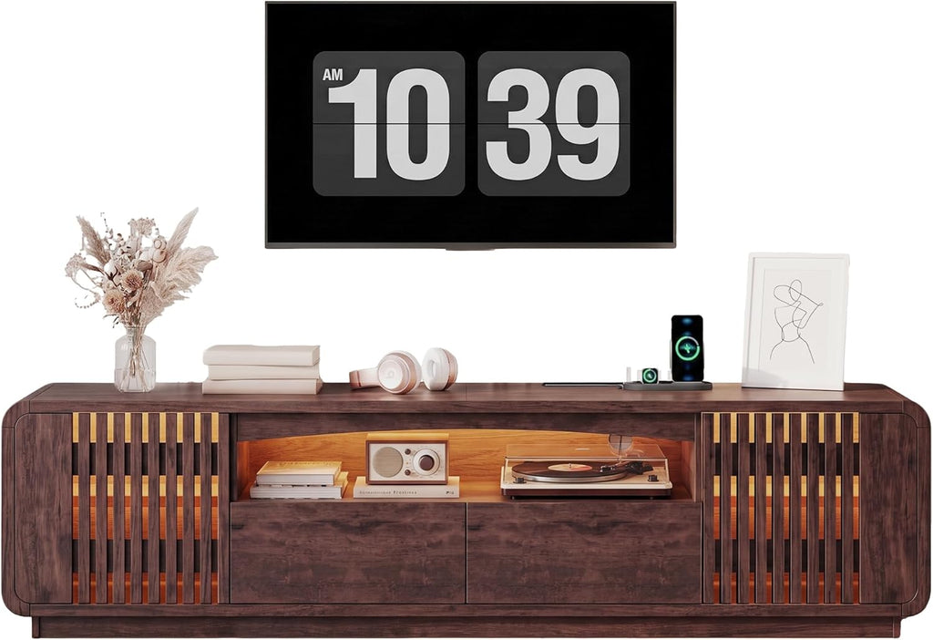 63" TV Stand with Storage, Mid Century Modern Entertainment Center with Power Outlet & LED Lights, Fluted Media