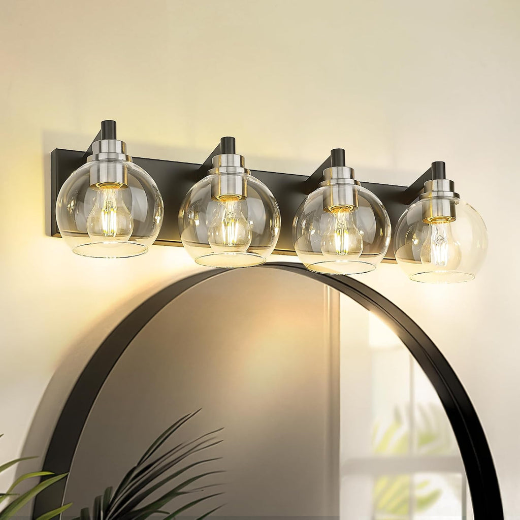 4-Light Black and Nickel Bathroom Vanity Light, Clear Glass Globes | Ideal for 30-40" mirrors, 26" modern bathroom