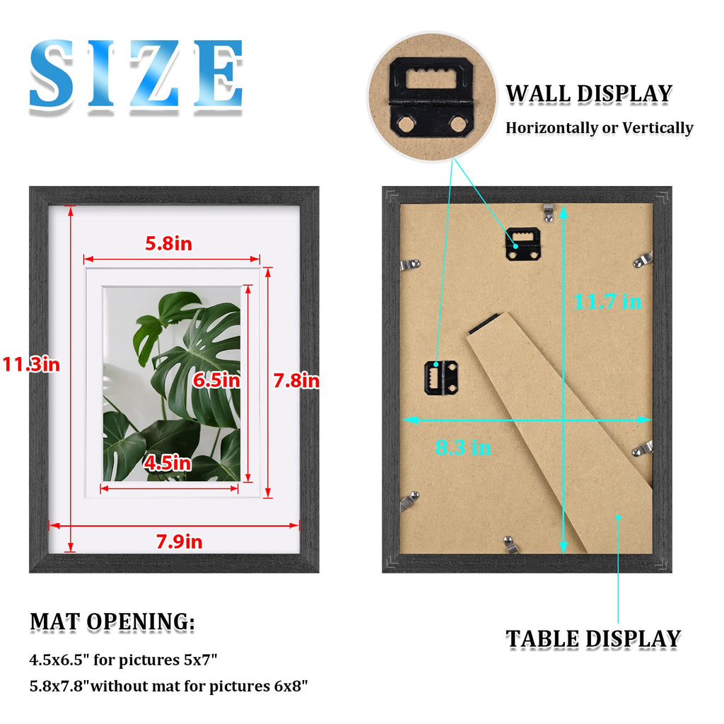 A4 Picture Frames Set of 4, Made of Solid Wood Covered by Plexiglass 5x7 and 6x8 with Mat or A4 without Mat, for