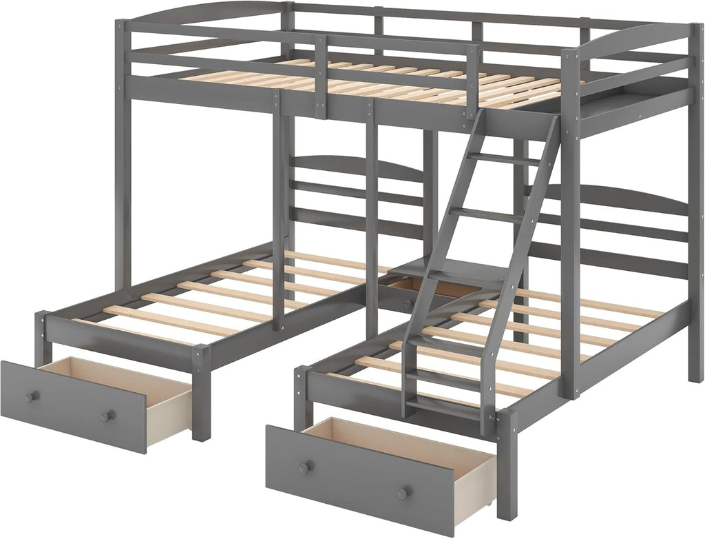 Full Over Twin Bunk Bed Frame,Triple Bunk Bed with Drawers, Gray