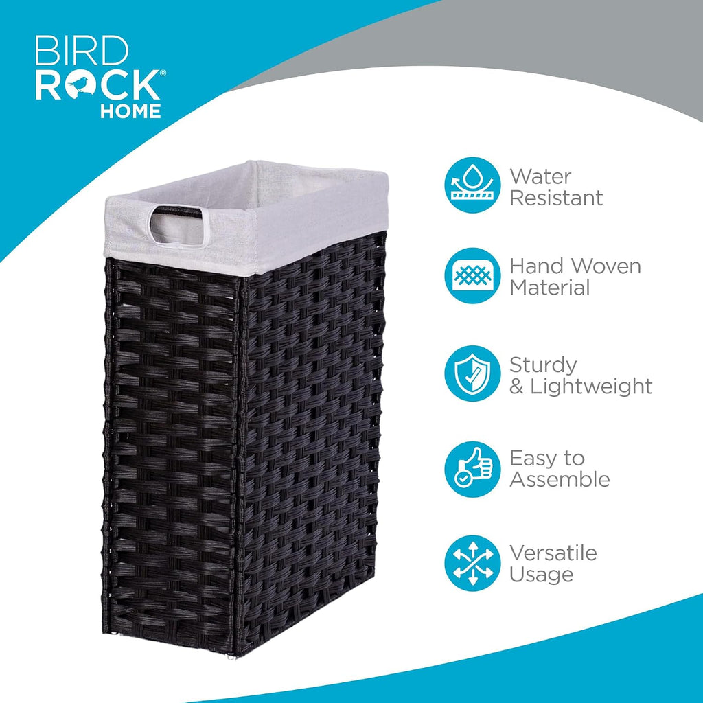 Slim Laundry Hamper with Removable Liner Bag | Brown | Hand Woven | Compact Collapsible Clothes Basket | Synthetic PE