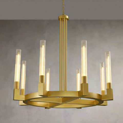 36 Inch Brass Wagon Wheel Chandelier with Knurled Glass Shade,8-Lights Gold Modern Farmhouse Chandeliers for High Ceilings,Large Round chandeliers for Dining Room,Living Room,Bedroom,Foyer,Entryway A114-B0DMSR26P5