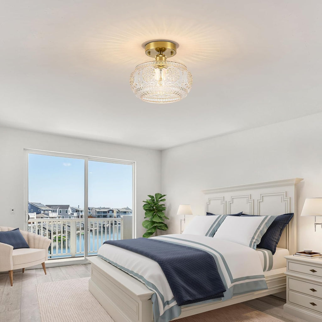 Semi Flush Mount Ceiling Light Fixture - Brass & Floral Glass Shade, Vintage Modern Lighting (Bulb Not Included)