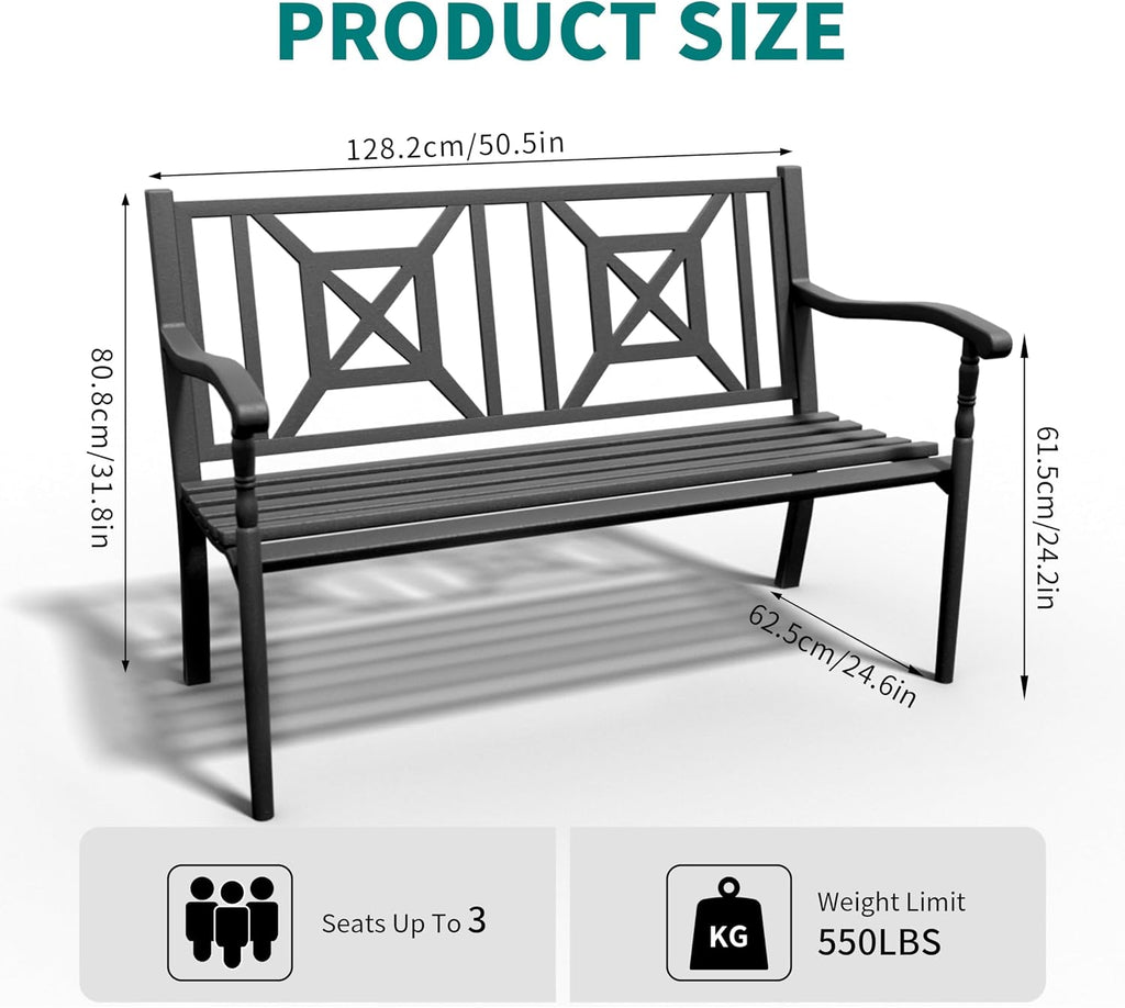 Metal Bench Patio Bench, Outdoor Benches Weatherproof with Lattice Backrest, Wrought Iron Garden Benches for