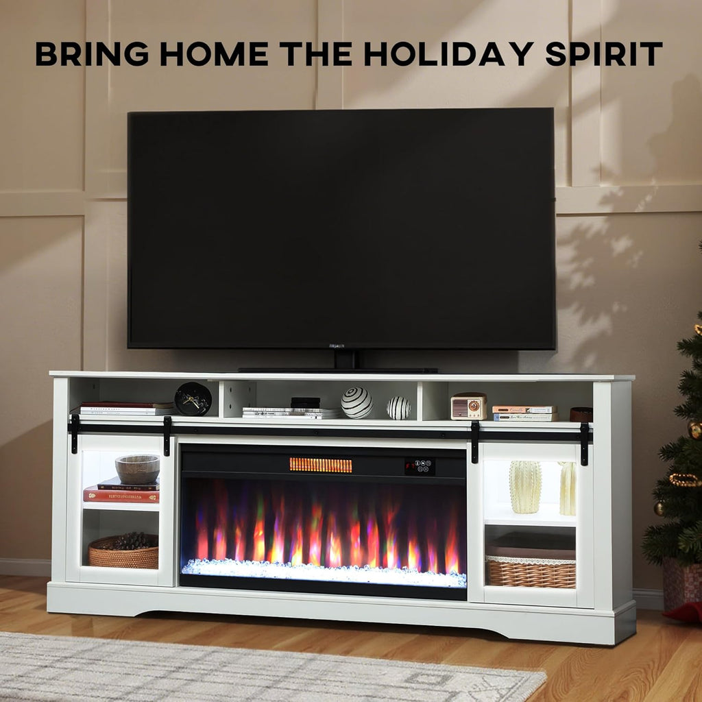 Fireplace TV Stand for TVs Up to 80 Inches, Modern Entertainment Center with 36" Glass Electric Fireplace & LED