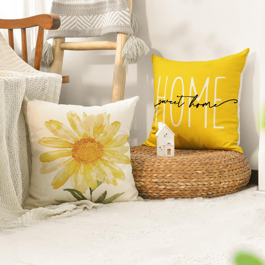 Home Sweet Home Spring Summer Flowers Yellow Throw Pillow Covers, 18 x 18 Inch Cushion Case