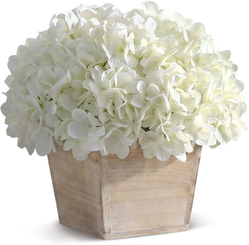 10" Artificial Hydrangea Flower in Planter for Table Centerpiece(White) | No Assembly Needed, Silk Faux Flowers in