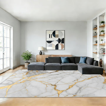 Marble White Gold Washable Area Rugs 5x7, Modern Abstract Area Rug Bedroom, Indoor Non-Slip Large Throw Carpet Entryway