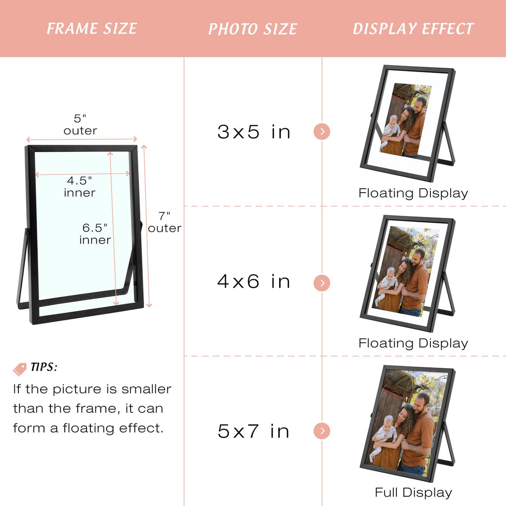 5x7 Floating Picture Frames 2 Pack, Black Vertical