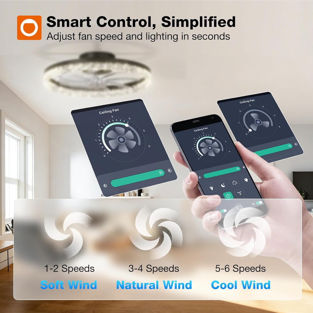 Ceiling Fans with Lights and Remote, 20'' Low Profile Ceiling Fans, 3000-6000K Dimmable Modern Flush Mount LED Fan Light, Fandelier Ceiling Fan for Bedroom, Kitchen, Living Room, Black