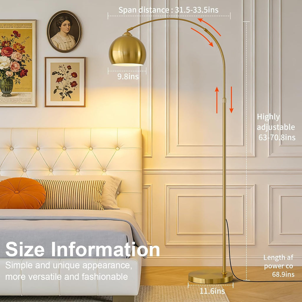 Brushed Gold Arc Floor Lamp 71" Tall, Dimmable 12W LED Smart Standing Lamp with Remote